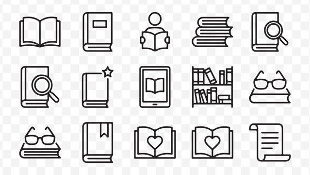 Education and literature line icon collection. Includes book, reading, learning, research, and study symbols. Created in linear style with black color isolated on Transparent Background