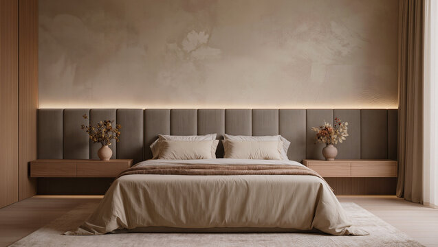 A serene bedroom features a bed with beige bedding a padded headboard floating wooden nightstands and two vases of dried flowers under soft wall lighting
