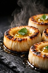 Delicious grilled onions with honey and mint on black slate background