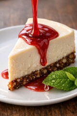 Delicious cheesecake slice with raspberry sauce and mint garnish on white plate