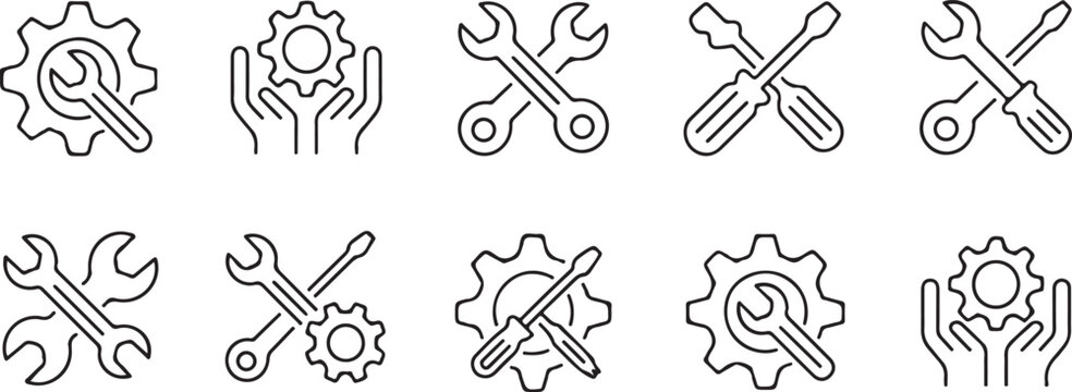 gear repair and maintenance line icons for mechanical and service