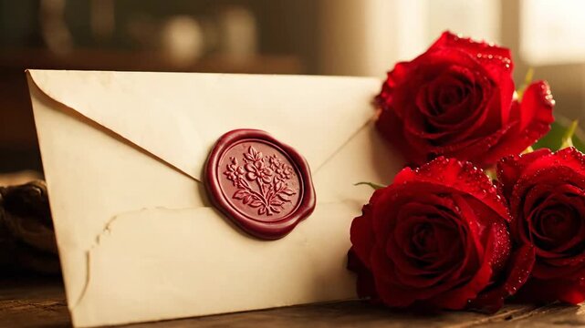A vintage envelope with a wax seal rests beside red roses