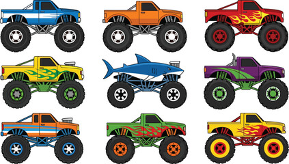 Colorful Monster Truck Collection Vector Illustration Featuring Off Road Big Wheel Trucks with Flame and Shark Designs © Sujon Shah