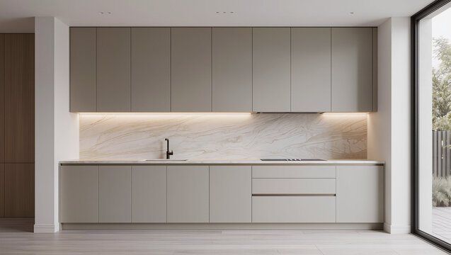 Contemporary kitchen featuring light-colored cabinetry a veined stone backsplash recessed lights and under-cabinet illumination
