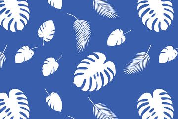 leaf seamless pattern tropical white foliage on blue background © AIcon Star