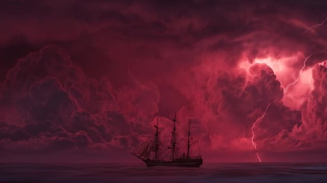 Dramatic tall ship sailing on a dark sea under a vivid red thunderstorm sky with powerful lightning strikes