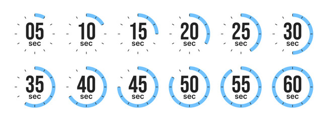 Set of countdown timer icons from 5 to 60 seconds