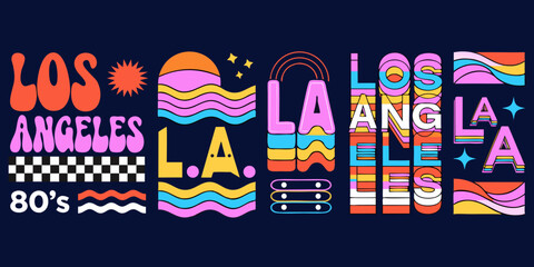 Obraz premium Retro 80s Neon Los Angeles Typography SVG Set – Vintage Miami Vice Style Vector Banner, Card, Flyer Design with Neon Glow, Palm Silhouettes & Sunset Vibes