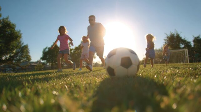 Kids play soccer in the park