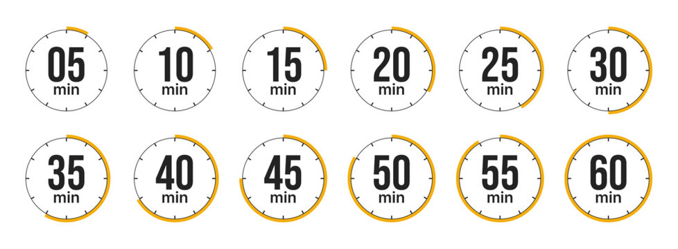 Timer icons set showing five to sixty minute time intervals