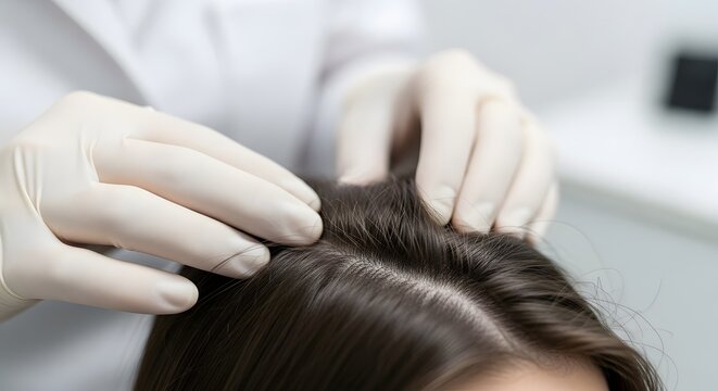 Scalp examination by a trichologist wearing blue surgical gloves, focusing on hair follicles