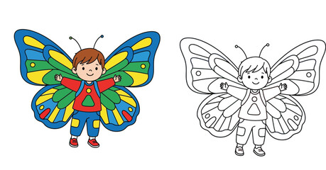Vector illustration of a cute little boy in a colorful butterfly costume with a black and white outline version for children's coloring book page.