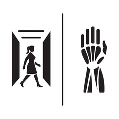 A woman entering a doorway and a skeletal hand illustration