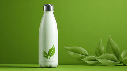 Eco friendly bottle reusable bottle sustainable product green background leaf design metal cap minimal style clean concept eco concept freshness