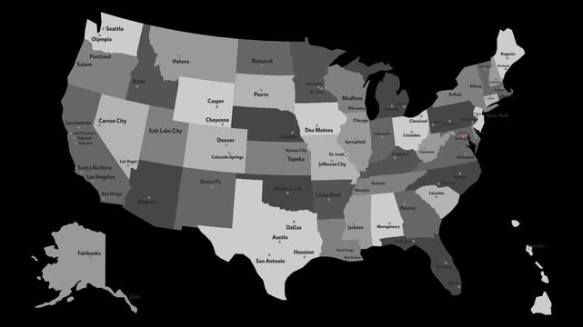 Vector map of USA with names of cities and with borders city