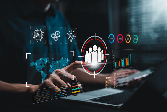 AI driven customer analytics concept. Analyzing target audience data on laptop with artificial intelligence insights, market segmentation strategy, performance metrics and business growth optimization