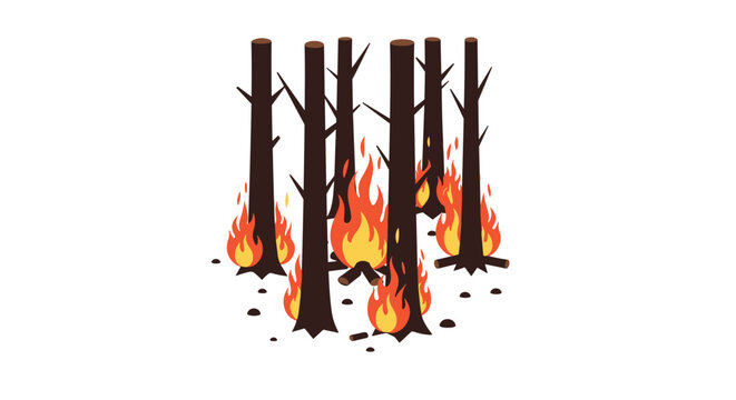 forest fire with burning trees and flames hand drawn flat illustration