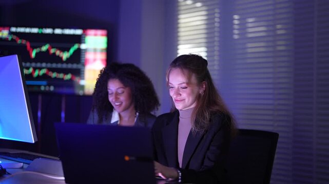 Cybersecurity analysts monitoring real-time network threat logs in dark security operations center. Digital forensic experts auditing malware code syntax during late night shift.