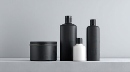 Black bottle mockup cosmetic container minimal design clean style product packaging empty jar white bottle modern layout on shelf