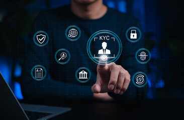 Fototapeta premium KYC verification concept. User using digital interface to confirm customer identity with secure banking compliance and financial fraud prevention in modern fintech environment biometric authentication