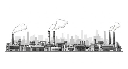 Fototapeta premium Industrial cityscape illustration depicting factories with smoke stacks and pollution.