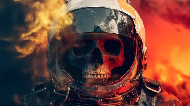 Astronaut skull in a futuristic spacesuit amidst a dramatic, fiery cosmic explosion. Abstract concept of space danger, death, and duality.