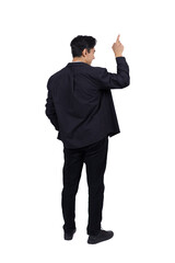 Back view of businessman in black suit pointing up