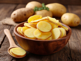 Sliced potato in wooden bowl with whole potatos in background
