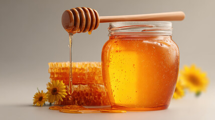 Honey jar honey dipper golden honey honeycomb glass jar natural sweetener sticky floral organic healthy food golden honey jar with honey dipper