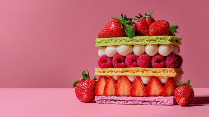 Colorful dessert layered cake strawberry raspberry pastry sweet food gourmet pink background food photography bakery whipped cream dessert berry