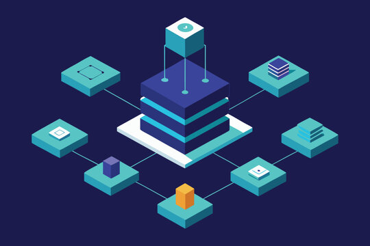Central server connecting digital blocks data flow and cloud storage in technology network