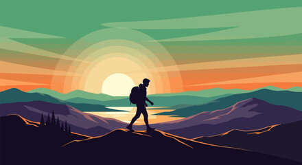 Man hiking on mountain top at sunset with backpack.