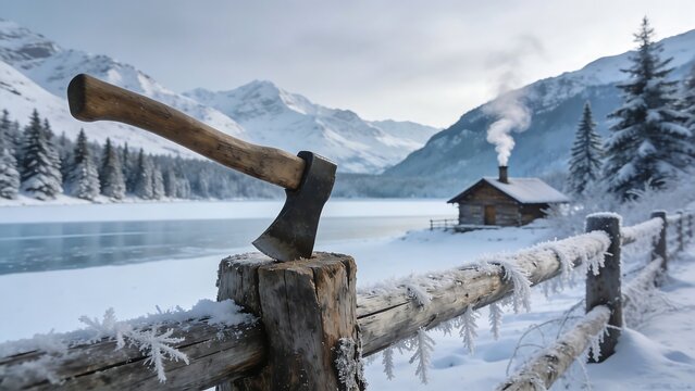 An axe nestled in a log fence amidst a snow-covered winter landscape: mountains, frozen lakes, and rustic log cabins.
