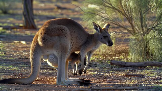 Mother Kangaroo with Joey in Pouch Grazing in Australian Outback Landscape at Golden Hour - Wildlife Photography