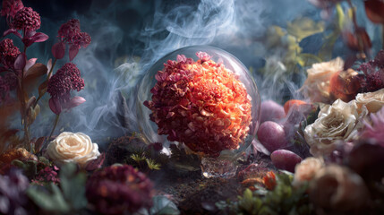 Surreal flower sphere glass orb fantasy garden mystical smoke dreamy floral art red blossom romantic atmosphere magic nature moody lighting soft
