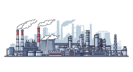 Obraz premium Industrial complex illustration depicting factories and chimneys emitting smoke into the atmosphere.