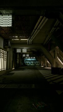 empty urban undercroft with overhead vents and exposed piping, patterned shadows on floor, distant illuminated doorway, still and slightly ominous tone