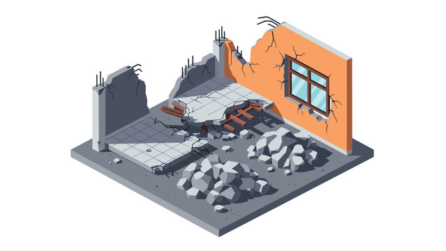 isometric broken building interior with cracked walls rubble and debris hand drawn illustration for construction damage concept