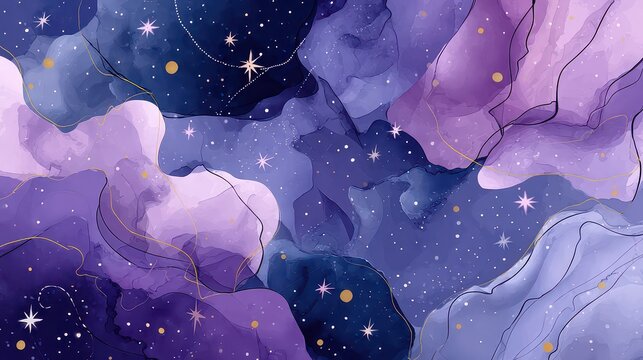Abstract Watercolor Sky with Gold Stars Illustration in Purple and Blue Hues for Backgrounds and Decorative Purposes