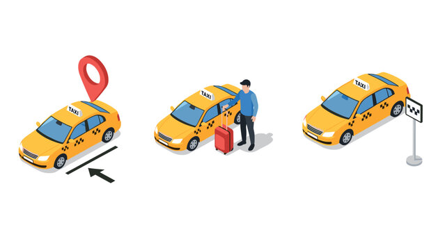set of isometric yellow taxi car illustrations with location pin passenger and taxi stand in flat style