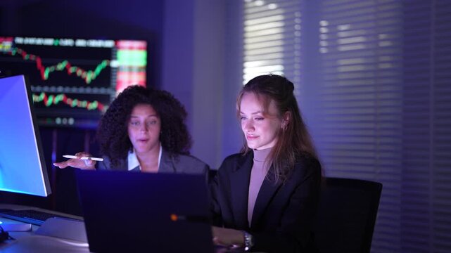 Cybersecurity analysts monitoring real-time network threat logs in dark security operations center. Digital forensic experts auditing malware code syntax during late night shift.