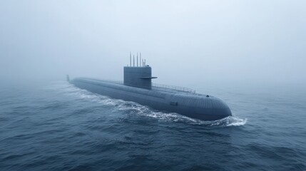 Military Submarine Navigating Through Fog on Ocean Surface