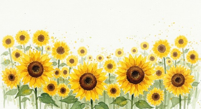 Aquarellartige Sonnenblumenbord&uuml;re auf hellem Hintergrund mit zarten Farbsprenkeln &ndash; sommerlich, freundlich und dekorativ. Generative KI