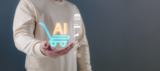 A man holding a glowing AI shopping cart icon with retail, logistics, and marketing icons. Concept of artificial intelligence in e-commerce, digital business automation, and smart shopping.