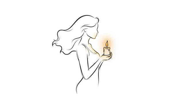 Continuous Line Art Animation of a Woman Holding a Glowing Candle