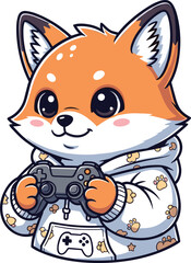 Obraz premium Cute cartoon fox gamer character in hoodie holding video game controller, playful design for digital merchandise branding