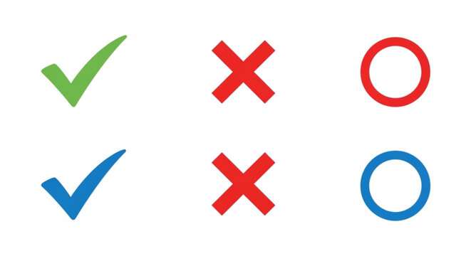 A vector graphic illustration of checkmarks and crosses in green, blue, red on a white background