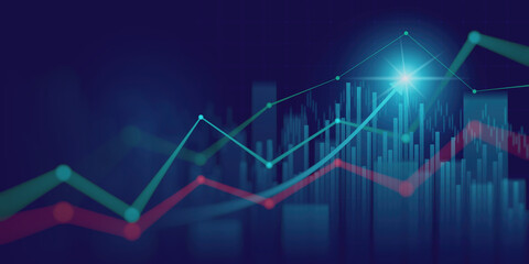 moving up arrow financial chart and stock market graph with world map on blue color background