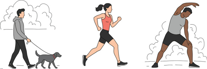 Obraz premium Fitness illustration of people exercising outdoors with a dog