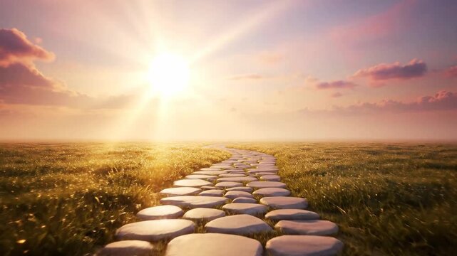 A path of stones winds through a field under the sun